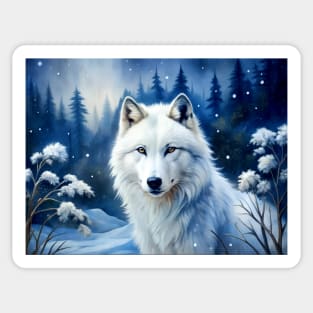 Funny White Wolf Hunting Ground, Winter Mountain Icy Moon, Forest, Galaxy Beautiful gifts Novelty Wild Animal Hunting Fashion Watercolor Sticker